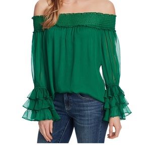 Emerald green off the shoulder long sleeve shirt